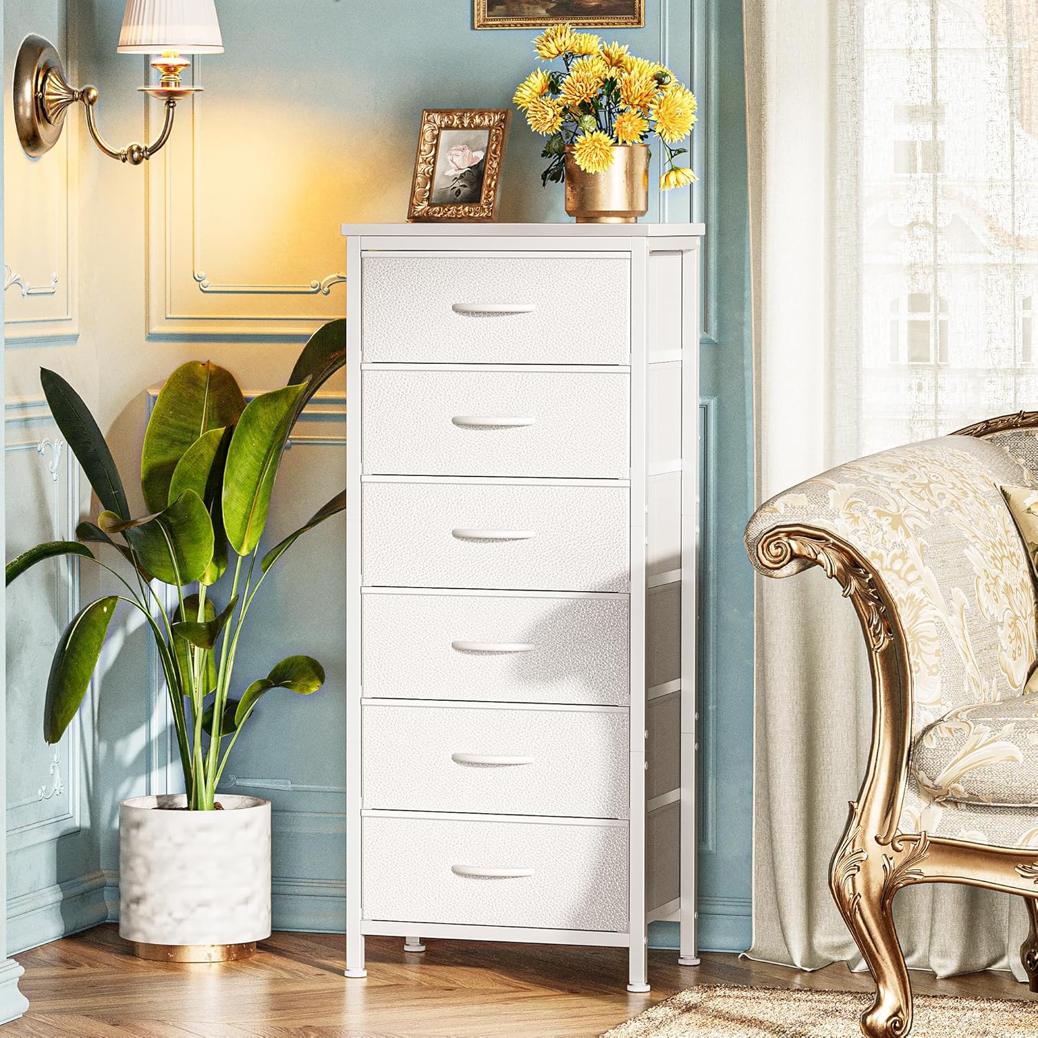 White 6 Drawer PU Leather Fabric Tall Storage Dresser