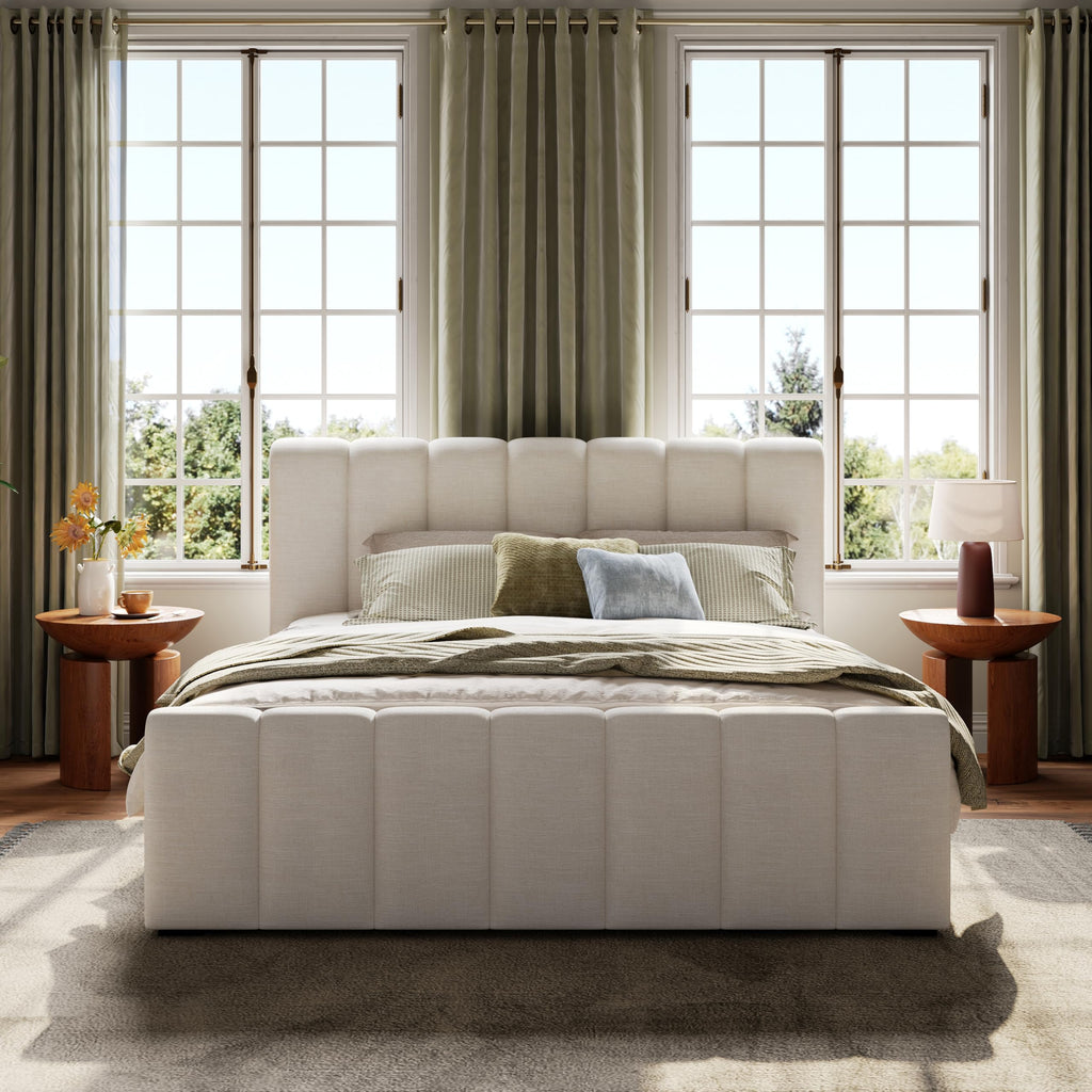 Beige Linen Cal King Curved Panel Bed Frame