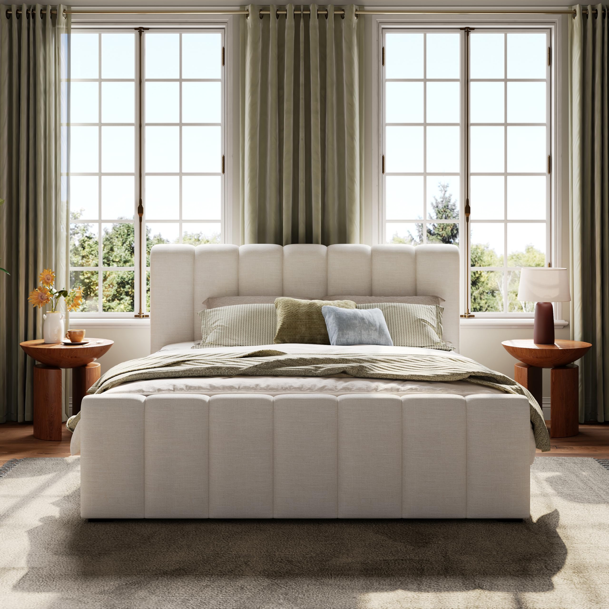 Beige Linen Cal King Curved Panel Bed Frame