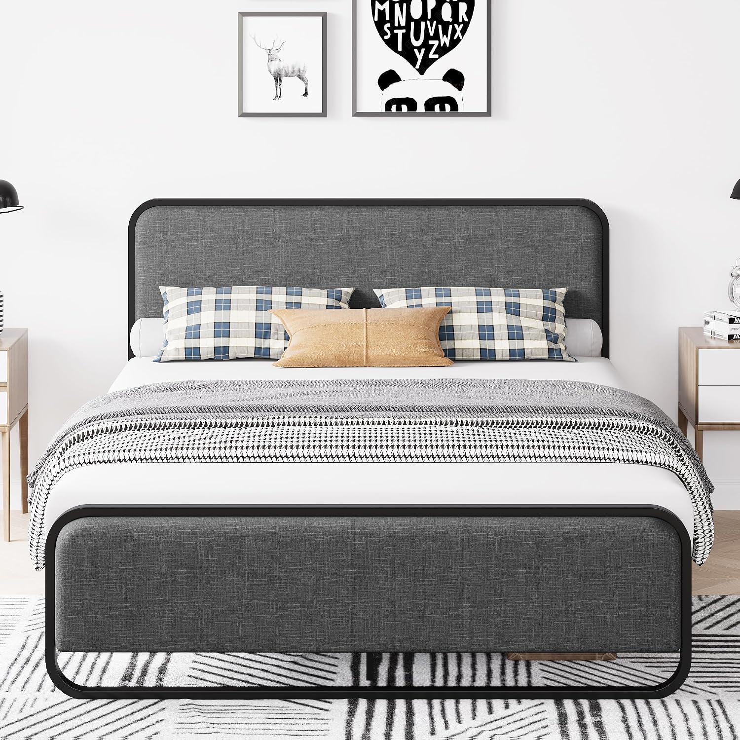Grey Metal Queen Bed Curved Upholstered Headboard