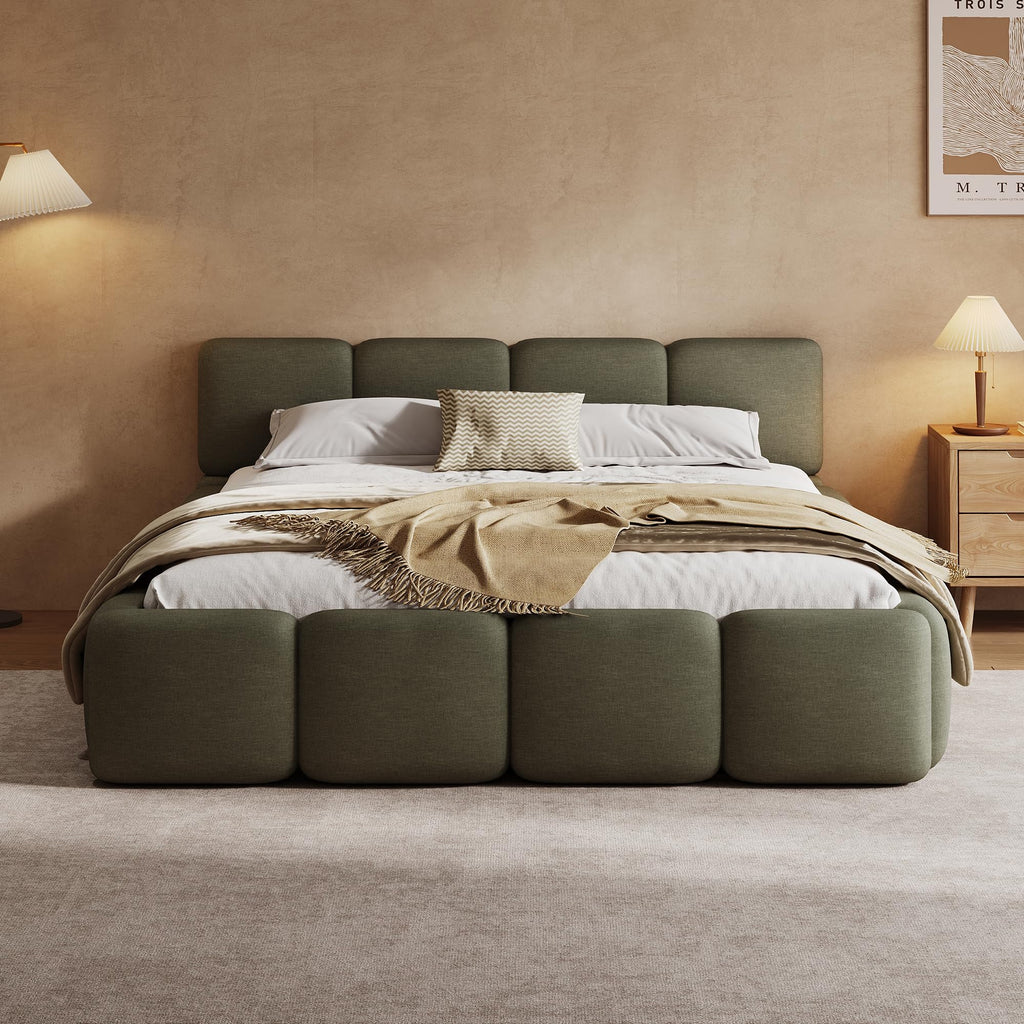 Beige Linen Cal King Curved Panel Bed Frame