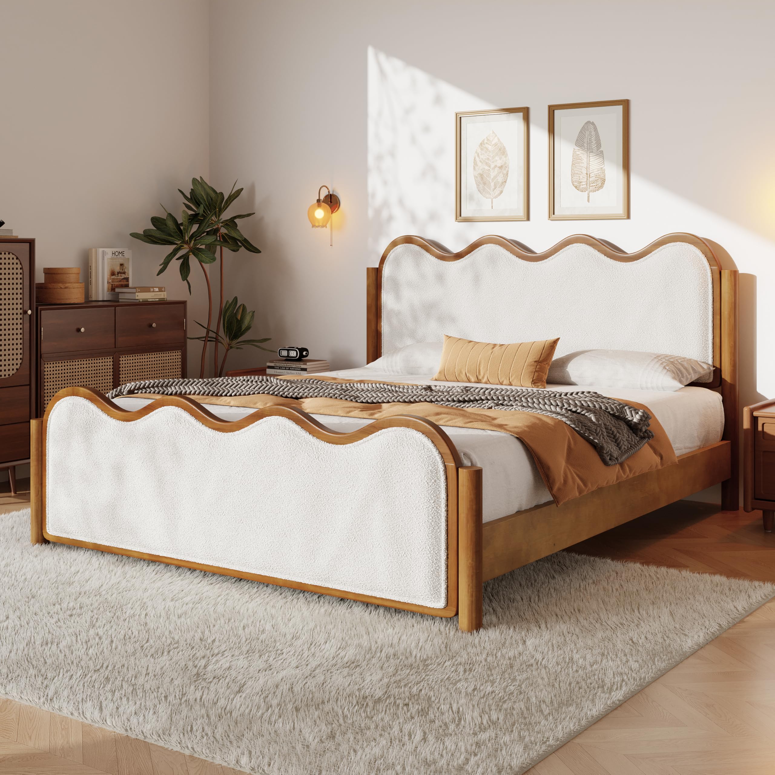 Boucle Queen Platform Bed Wavy Curved Headboard