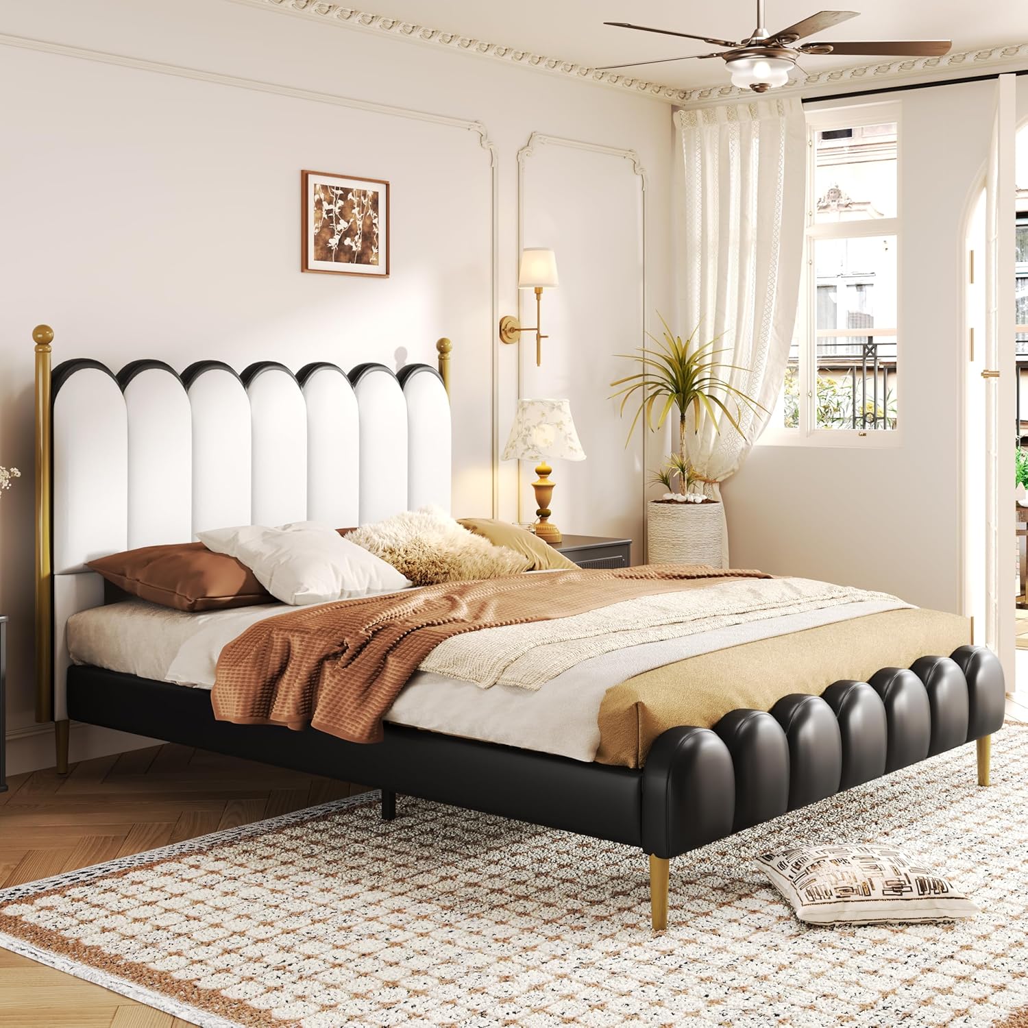 White Black Faux Leather Queen Platform Bed Frame