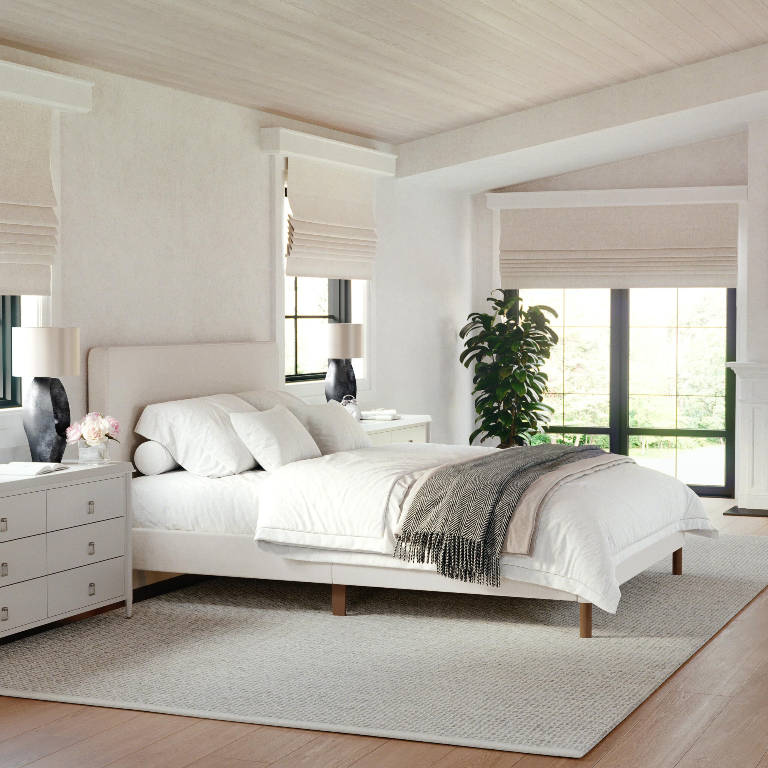 Beige Faux Linen King Bed Rounded Piped Headboard