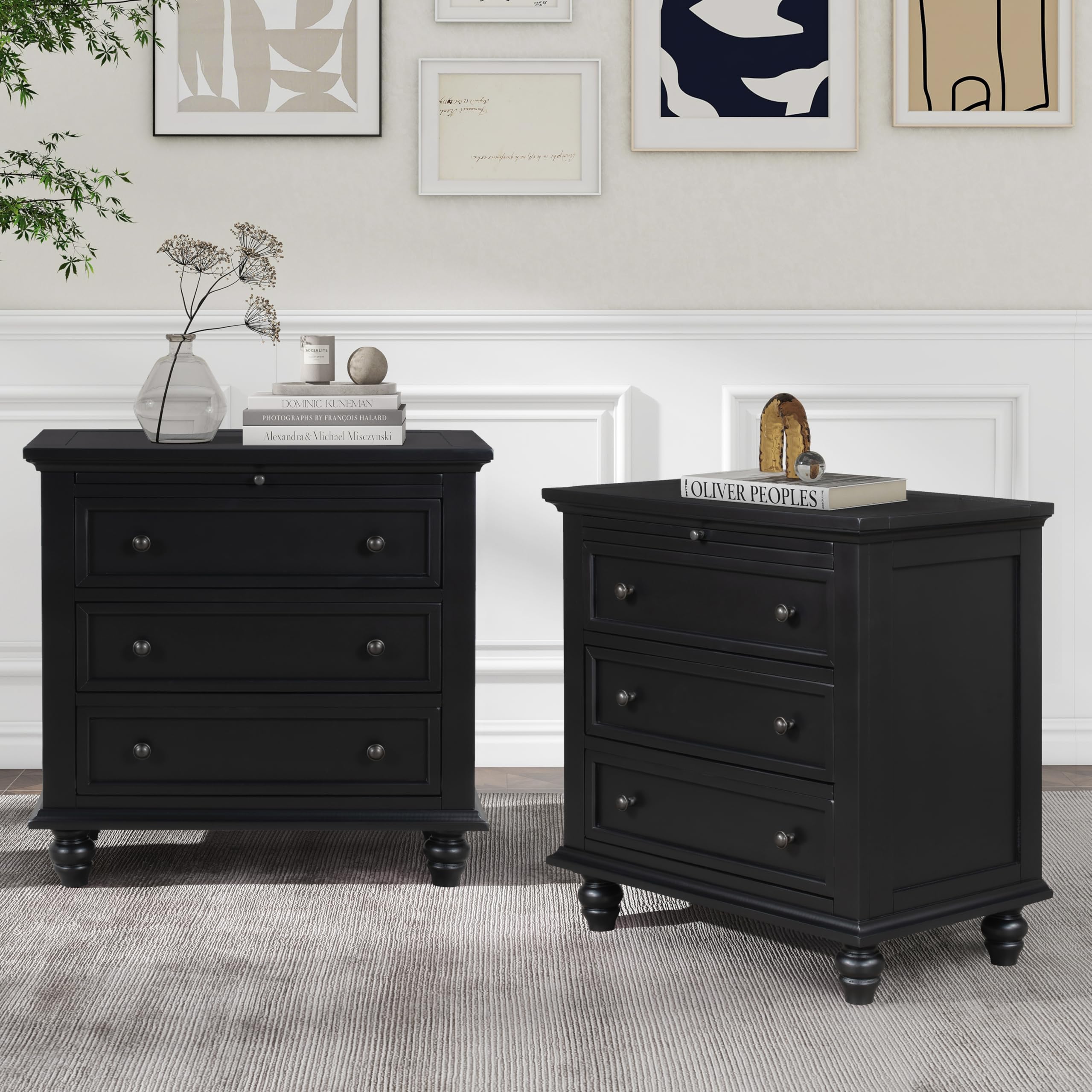 Brown Wood Nightstand 3 Drawers with Pull Out Tray