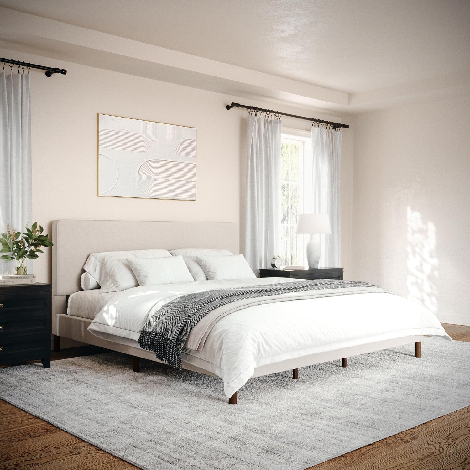 Beige Faux Linen King Bed Rounded Piped Headboard